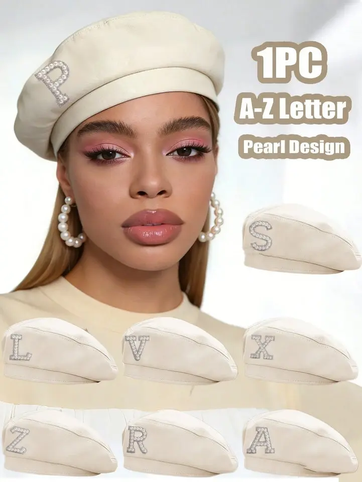 1pc Women's Solid Color Beret Hat, 26 Pearls Letter Decoration, Fashion Casual Vintage Elegant Adjustable Hat, Suitable For Daily Wear, Street Style, Holiday Gift