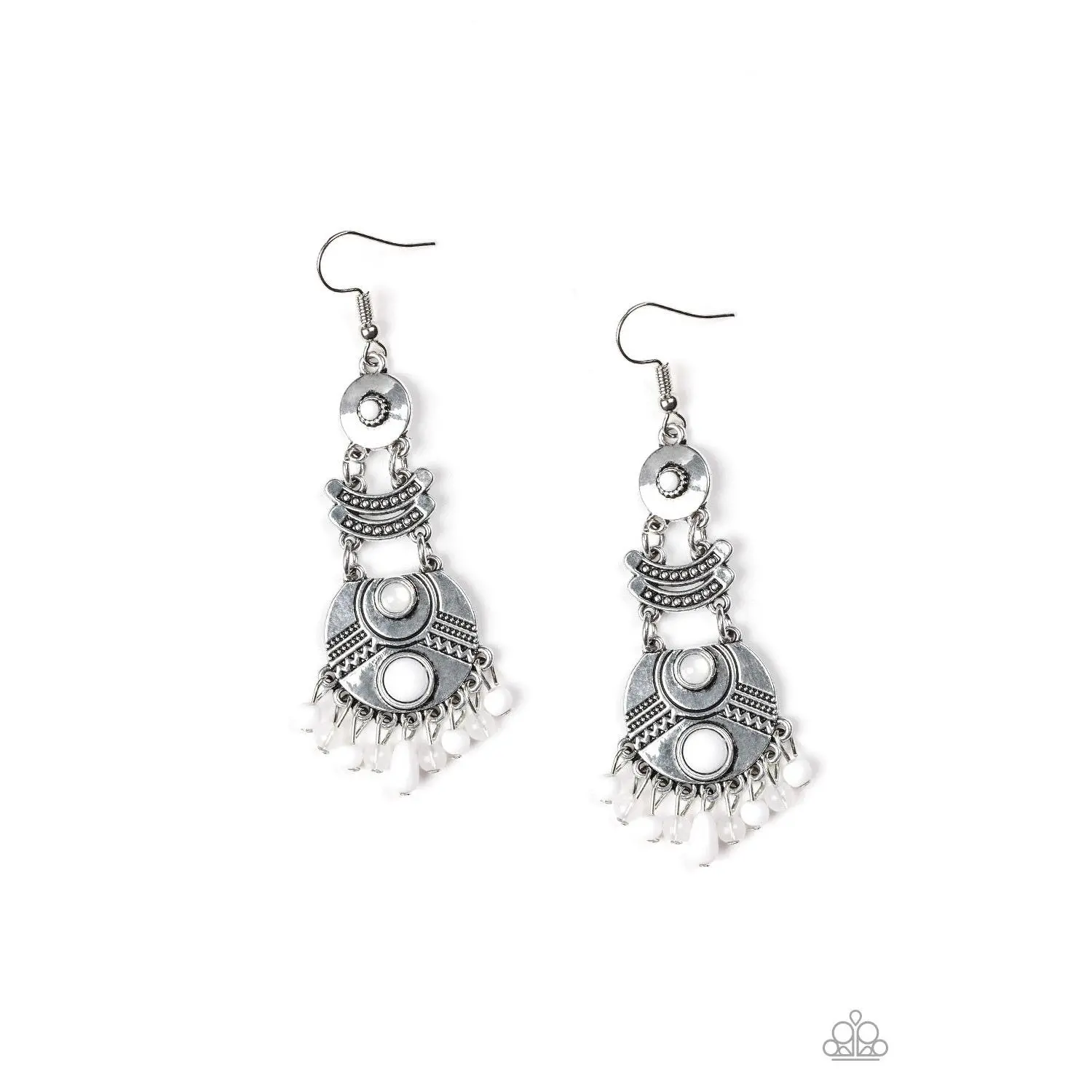 Tropic Tribe White Beaded Ethnic Earrings 976, Stacked Lure Design, Round Shapes, Beads, Standard Fishhook Fitting, Fringe, Varying In Size And Shape, Swinging, Female, Beaded Fringe, Glassy Beads