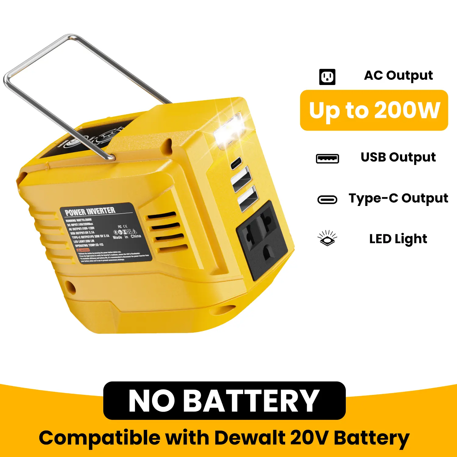 【No Batteries】200W Power Inverter for Dewalt 20V Battery, Battery NOT Included, DC 20V to AC 110-120V Battery Inverter, Portable Power Station Generator with 2 USB Ports & 1 Type-C & 1 AC Outlet Springtok Plug Socket