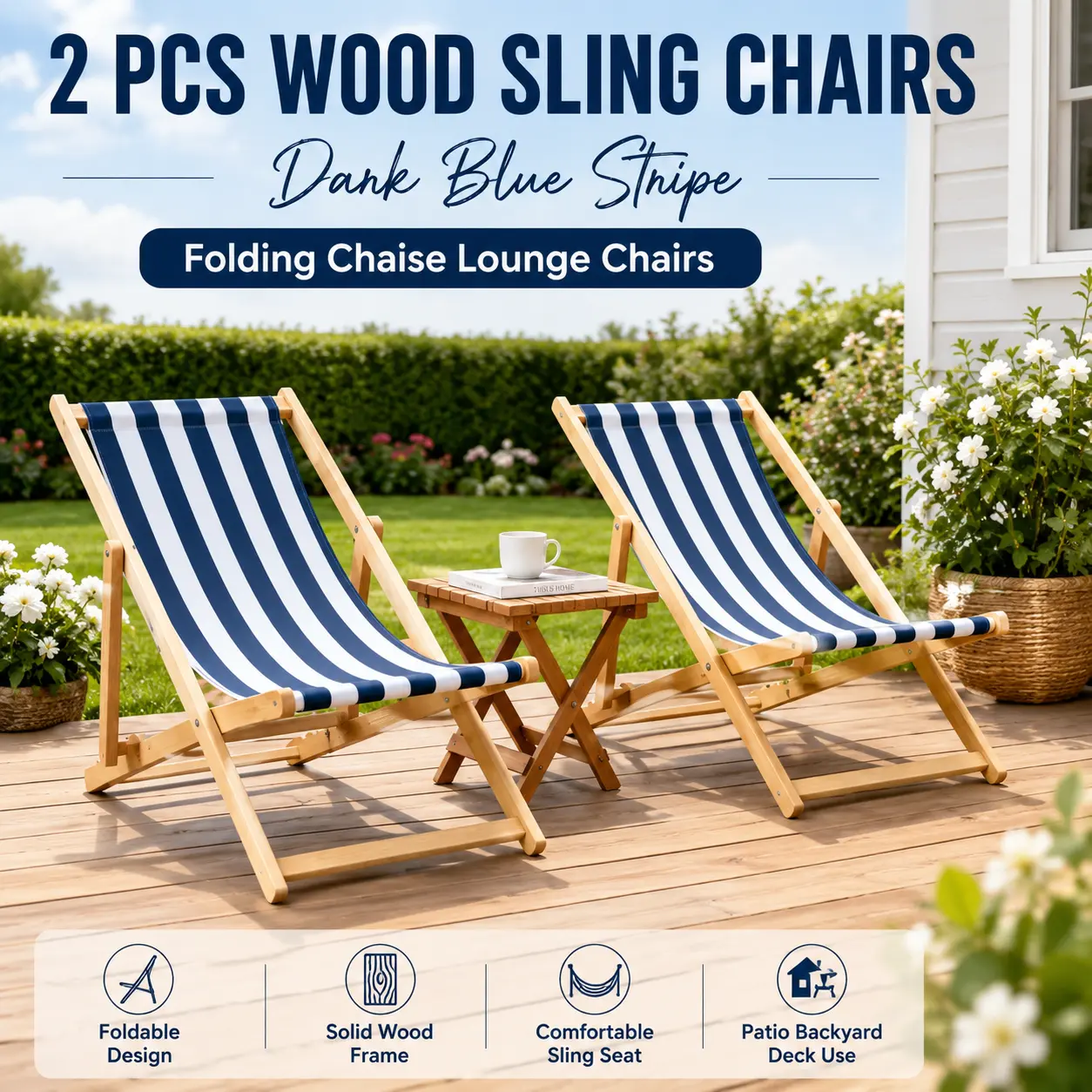2 PCS Folding Sling Chair Set Poplar Wood Frame Dark Blue Broad Stripe Patio Chaise Lounge Chair Portable Reclining Deck Chair for Poolside Beach Outdoor Lawn Garden Yard Deck Furniture Decor