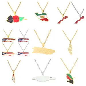 Stainless Steel Map Pendant Necklace with Colorful Enamel for Women Men Hiphop Style Geometric Charm Chain Necklace Fashion Jewelry