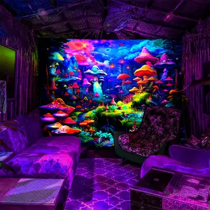 Enchanted Neon Mushroom Wonderland Tapestry Glow Under UV/Black Light, Psychedelic Fairy Tale Wall Art for Rave Cave Retro Futurism Lounge