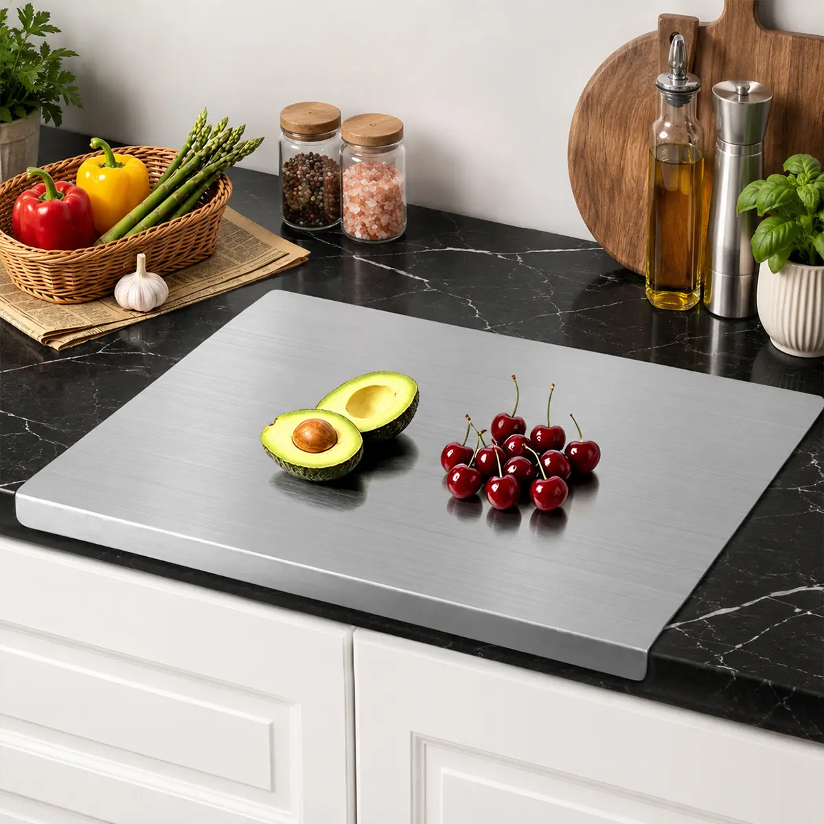 Stainless Steel Rectangular Cutting Board - Non-Slip Pad, Countertop Over-Hanging Design, Kitchen Cooking Board for Dough, Meat