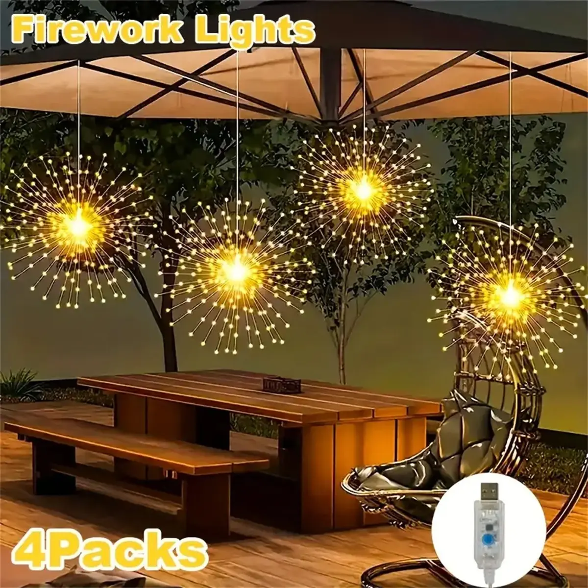 4 Piece USB Powered Firework Lights, 360 LED Starburst Ball String Light, Fairy Light String, Garden Decorative Lighting, Outdoor Indoor Decor for Porch Patio Garden Wedding Christmas