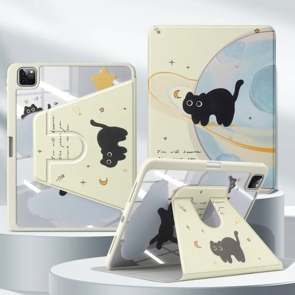 Black Kitten Compatible With Ipad A16 Air 11/13, Mini 7 A17Pro 2024, Air 10.9, Pro 12.9, Air 5/4, 10th/7-9th Gen, Mini 6 360° Rotating Case, Tablet Protective Cover, Tablet Casing, Tablet Accessories, Tablet Covers