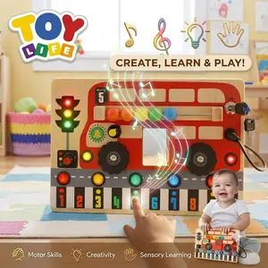 TOY LIFE Montessori Wooden Busy Board for Toddlers - Interactive Sensory Toy Bus with LED Lights, Music Switch, Keys & Gears - Educational Fine Motor Skills Travel Toy