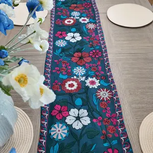 Midnight Garden Elegance 100% Linen Embroidered Table Runner Handcrafted Floral Art in Deep Blue with Vibrant Threads for Dining Rooms Parties & Cozy Homes