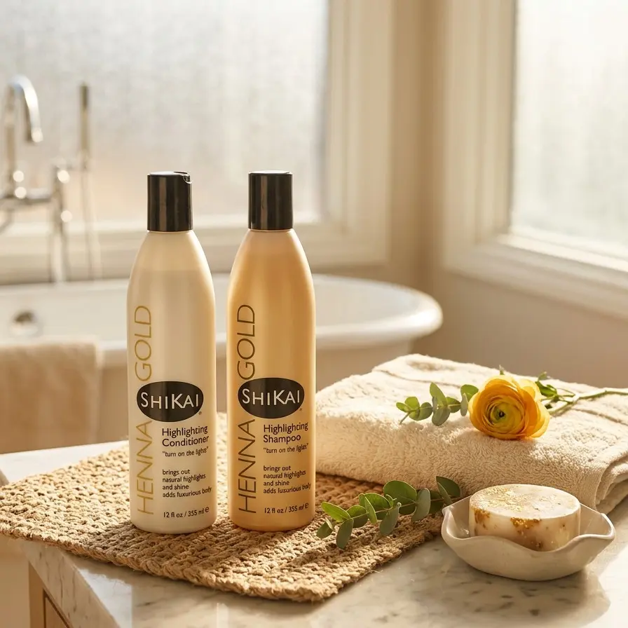 ShiKai Henna Gold Highlighting Shampoo & Conditioner Set - Non-Toxic, Non-Coloring Haircare to Restore Shine, Safe for Color-Treated Hair, 12oz Pack of 2, Cleanser