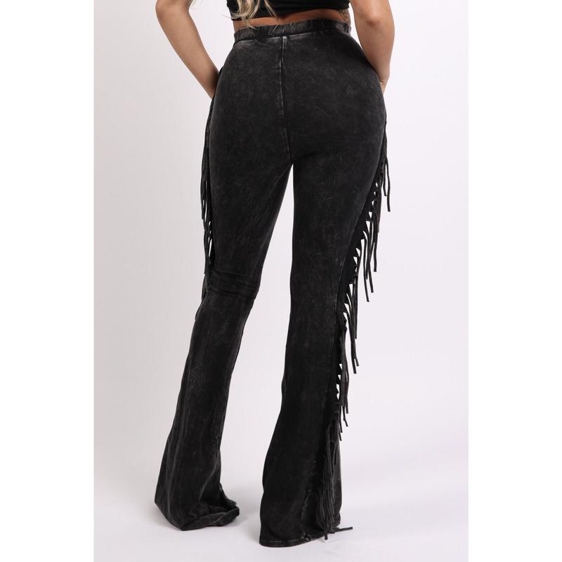 Fringe-Detailed Mineral Washed Pants for Women - Comfortable Cotton and Elastic Design with Flared Side Detail