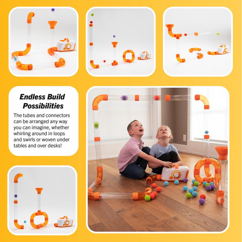 Fat Brain Toys Air Toobz Air-Powered STEM Building Toy for Kids & Teens Ages 3+ with 20 Foam Balls & Auto Shut-Off Feature