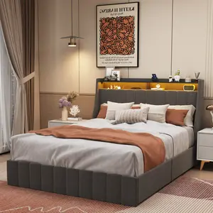 【Bellemave】Full/Queen Size Bed Frame with LED, 4 Under-bed Portable Storage Drawers, Wings Headboard Design, Dark Grey
