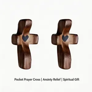 2Pcs Pocket Prayer Cross with Heart | Olive Wood Hand Comfort Cross for Anxiety Relief | Handheld Holding Cross for Prayer & Meditation | Spiritual Encouragement Gift for Women & Men | Religious Christian Keepsake