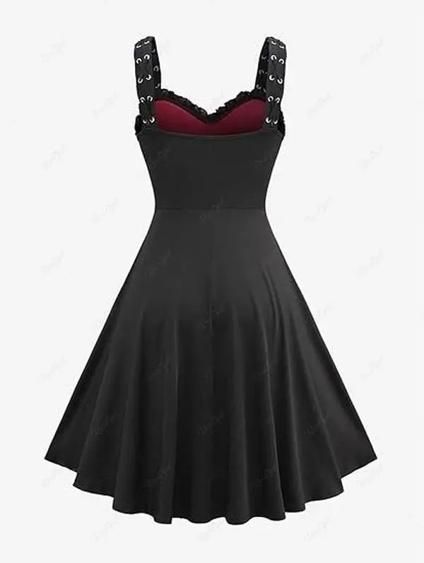 Rosegal Women Plus Size Gothic Cross Mesh Overlay Lace Panel Ruffles Midi Dress Vinatge Goth Dress