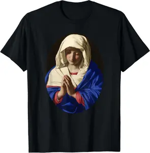 1PC Pure Cotton Virgin Mary In Prayer Renaissance-Era Italian Graphic Unique Design Graphic Art Catholic T-Shirt Machine Or Hand Wash Made In USA Fabric Menswear Soft Top Breathable Clothes Day Fashion Long Natural