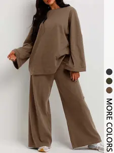 Women's Casual Oversized Ribbed Long Sleeve Top & Wide Leg Pants Set, Comfortable Knit for Spring & Fall Seasons, Womenswear