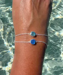 Sea Stamped Dainty Sea Glass Bracelet Adjustable Sterling Silver Beach Glass Bracelet Sea Glass Jewelry for Women Sea Glass Gifts Mermaid Jewelry