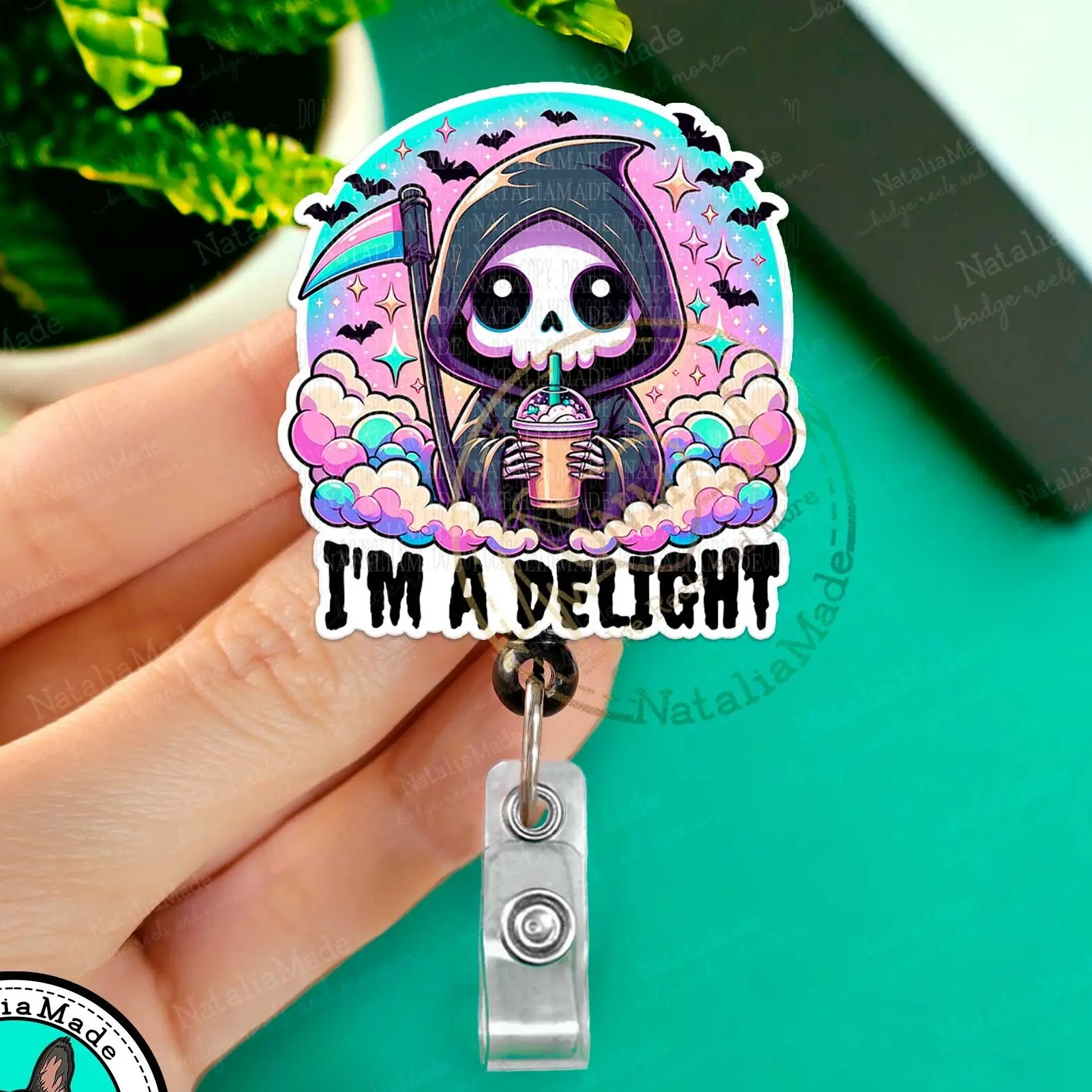 NataliaMade Funny Retractable Badge Reel- I'm A Delight Grim Reaper ID Badge Holder for Nurses, Retail Workers, Teachers, Servers, Dark Humor Unhinged Name Badges for Healthcare Staff, Unique Badge ID Badge Holder For Work