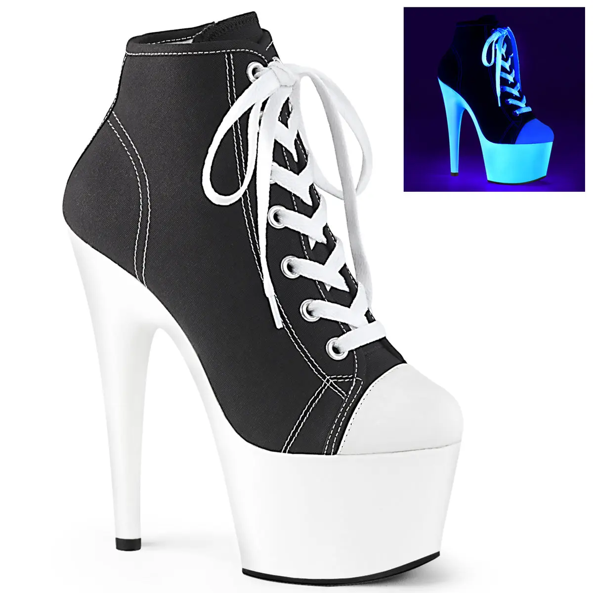Pleaser Women's Adore-700SK-02 Canvas High-Top Sneaker Boots, Bold Fashion Style with 7-Inch Heel, 2.75-Inch Blacklight Reactive Platform & Side Zip, 2 3/4 Inches