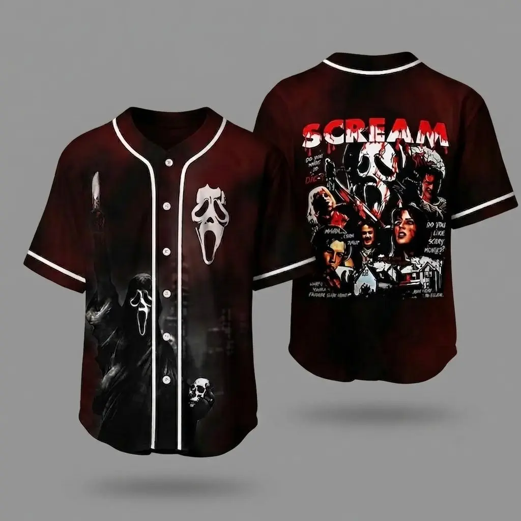 Full Print Vintage Spooky Ghostface Halloween Baseball Jersey Shirt, Casual Horror Movie Baseball Jersey, Scary Season Fan Gift