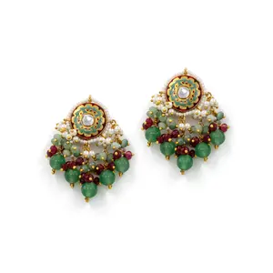 Meenakari Stud Earrings – Kundan Center with Pearl & Bead Tassels