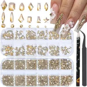 Nail Rhinestones - 3D Multi Shape Size Crystal, Champagne Gold Nail Gems, Flat Back, with Kit, for Nail Art, DIY Decorations