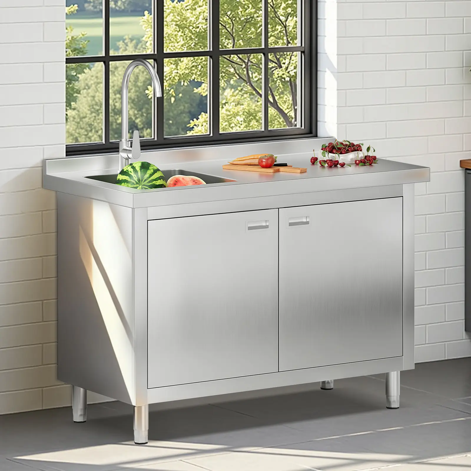 AMERLIFE Stainless Steel Utility Sink with Storage Cabinet, Extra-Large Kitchen Cabinet with Sink for Outdoor BBQ, Garage, Cafeteria, Food Prep Area, Restaurant, Laundry Room, Garage