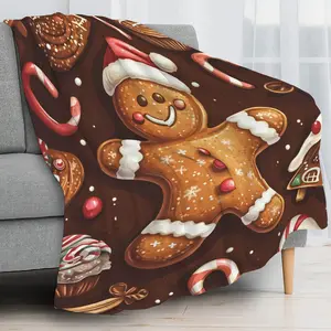 Dark Brown Digital Printed Blanket, Christmas Flannel Blanket, Giant Cartoon Gingerbread Man Pattern Blanket, Cute Holiday Decoration Blanket, Winter Fun Gift Blanket, Nap Blanket christmas decoration