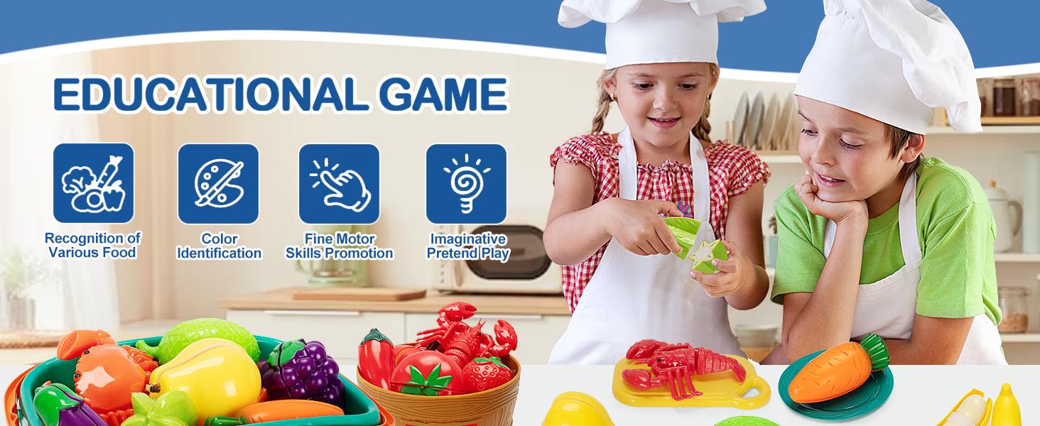 Play Food Set for Kids Kitchen- 68 Pcs Kitchen Food Toy for Toddlers, Cutting & Color Sorting Fake Food/ Fruit/ Vegetable Accessories, Birthday Gifts for 3 4 5 Years Old Boys Girls
