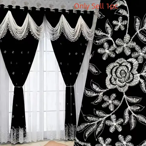 1 count Luxury double - layer jacquard blackout curtains with valance, Floral curtains, suitable for living rooms and bedrooms, Window curtain, Home decoration curtain