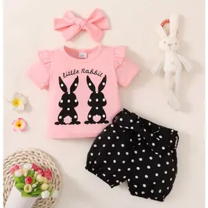 Ready Stock 0-18M Baby Girl Wool Striped Flying Sleeve set "Little Rabbit" Polka Dot Outfit (Top, Shorts, Headband) F122112458
