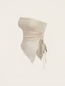 Sexy Strapless Sleeveless Crop Top, Drawstring Waist, Adjustable, Chic Ruched Design, Irregular Hem, Slim Fit, Fashionable Women's Summer, Elegant Classy Tops