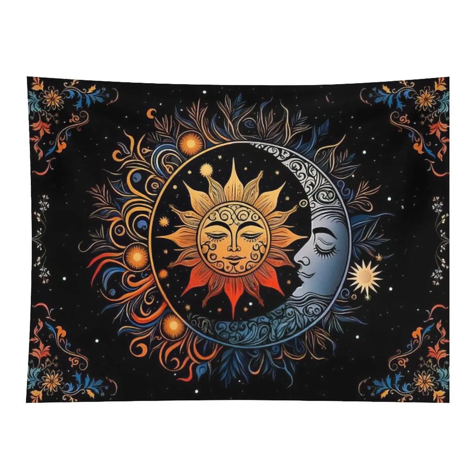 Boho Floral Sun Moon Face Mandala Wall Tapestry Wall Hanging, Starry Botanical Celestial Art Decor for Meditation Room Bedroom Dorm Wall Ornament