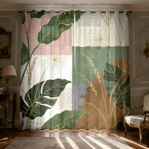 Tropical Plant Bamboo Pattern Print Light Filtering Curtains, Sheer Curtains 84'' Length 2 Panels,Semi-Transparent Sunshade for Teen Girls Boys Bedroom Living Room Dining
