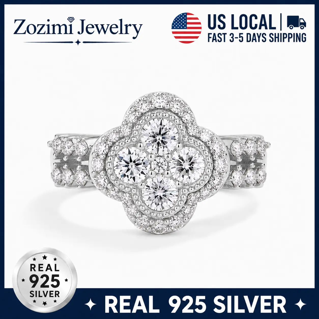 Zozimi 925 Sterling Silver Clover Ring with High Quality 5A Cubic Zirconia, Luxury Four-Leaf Flower Design Ring for Women, Engagement Jewelry, Anniversary Birthday Gift, Fashion Accessory for Daily Wear
