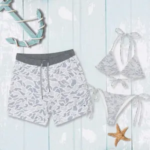 Modern Grey Camo Matching Couples Bathing Suits Triangle Bikini and Mens Swim Trunks Set