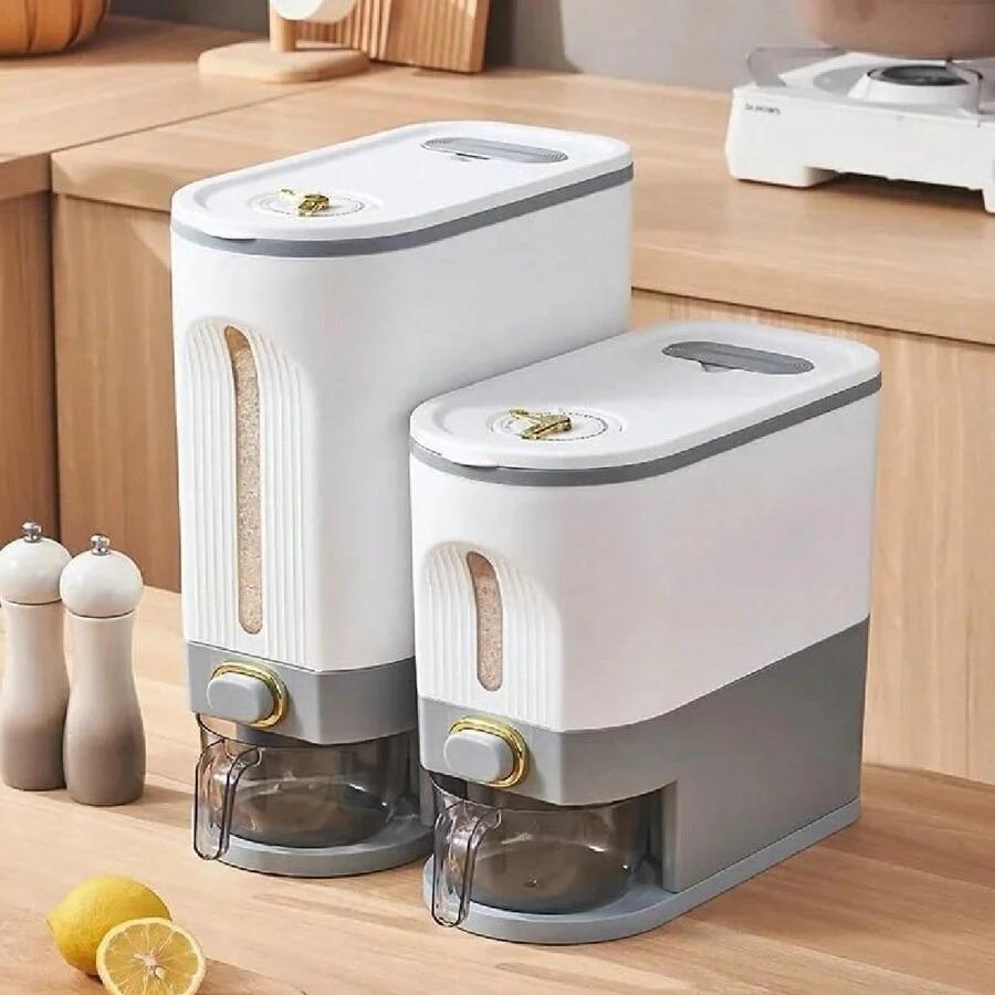 A large-capacity rice storage container with a measuring cup, moisture-proof and insect-proof sealed storage container, suitable for storing rice, grains, flour, dog food, pet food, household sealed rice container, and household kitchen supplies