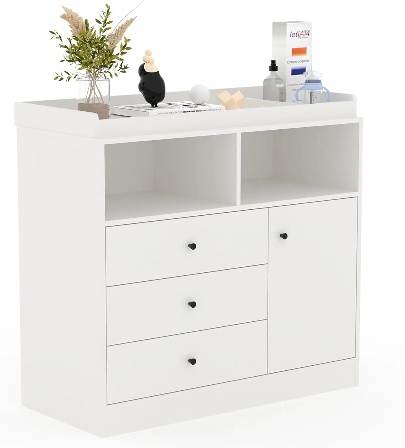3-in-1 Nursery Dresser & Changing Station - Tall Wooden Baby Dresser with 3 Drawers, 2 Open Shelves & Storage Cabinet, Convertible Changing Table for Baby Nursery