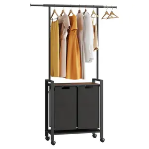 【GARVEE】Laundry Basket with Coat Rack, 75 x 33 x 177cm Laundry Sorter with Clothes Rack and Shelf, 2 x 49 L Laundry Bags Extendable, Laundry Collector, Laundry Cabinet Laundry Collection Box