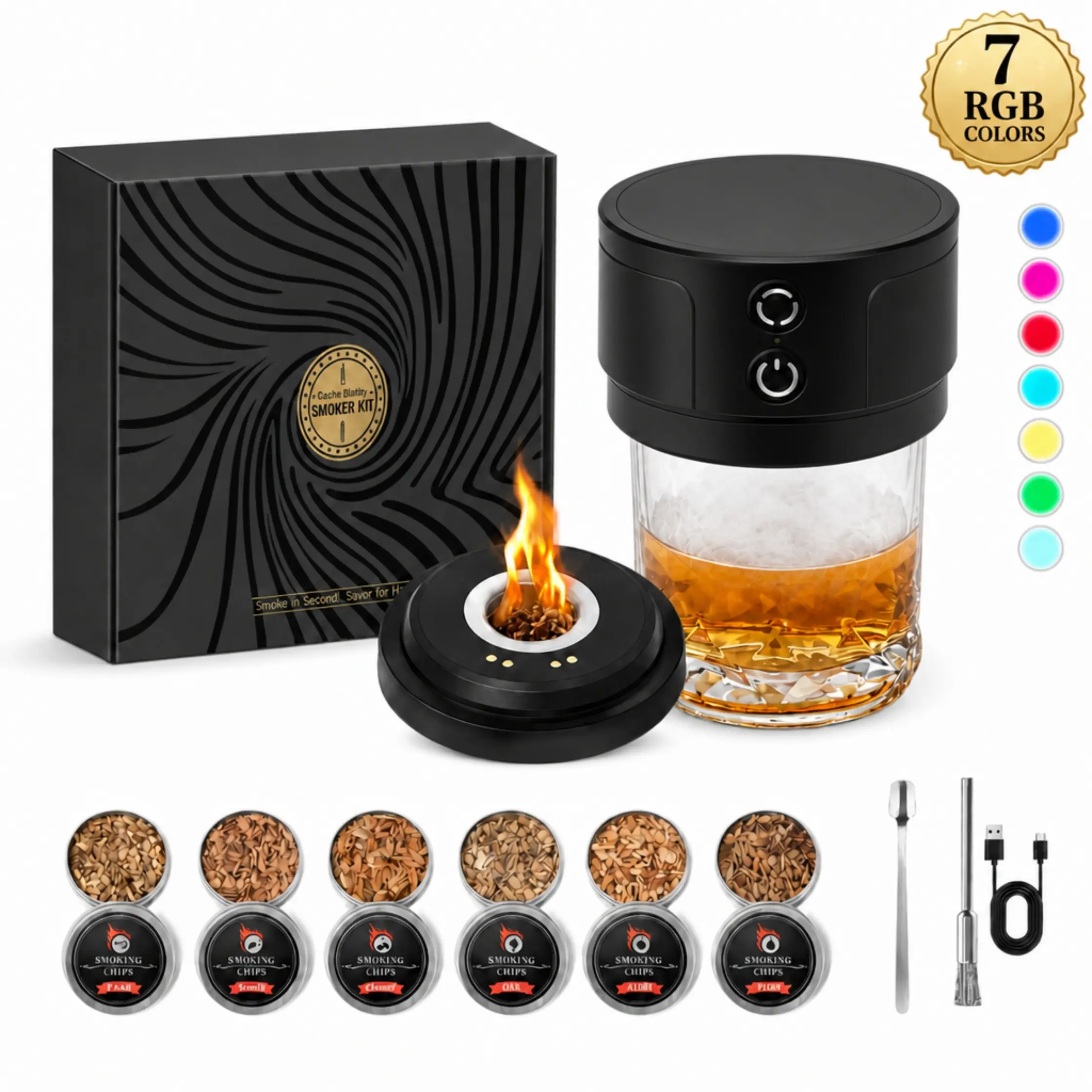 Electric Whiskey Cocktail Smoker Kit with RGB Lighting - No Butane Needed, 6 Wood Chips Included - Rechargeable Portable Men's Accessories, Tools and Gadgets for Old Fashioned Drinks -Gifts for Men, Dad, Husband, Gifts For Him