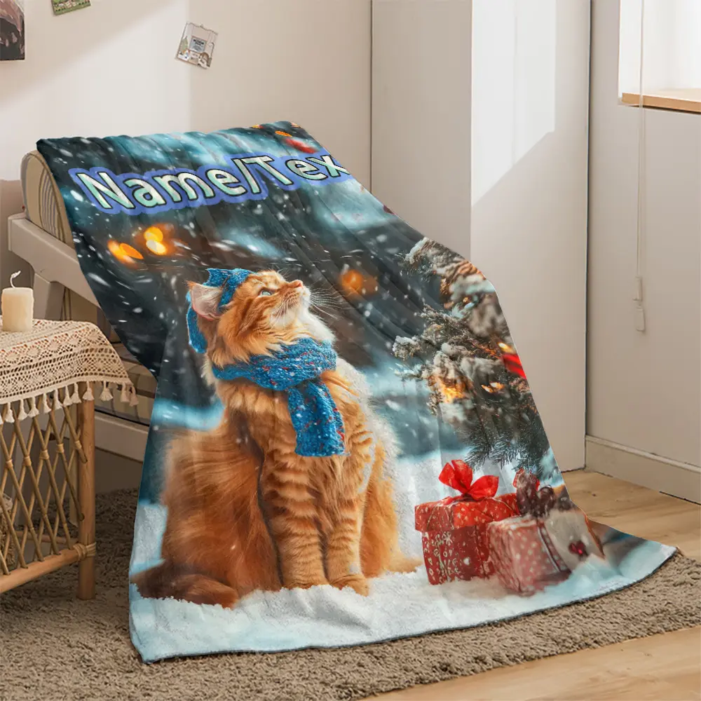 Customized Christmas Cat Print Flannel Throw Blanket - Lightweight, Soft, Warm, Digital-Printed Polyester, Personalized Name, for Sofa, Bed, Personalized Gifts for Animal Lovers, Festive Home Decor