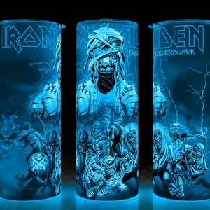 Glow in the Dark Iron Maiden Power Slave Heavy Metal Cup Mug Tumbler 20oz with Lid and Straw - Stainless Steel & Plastic - Elegant Drinkware for Heavy Metal Fans! Flasks Reusable