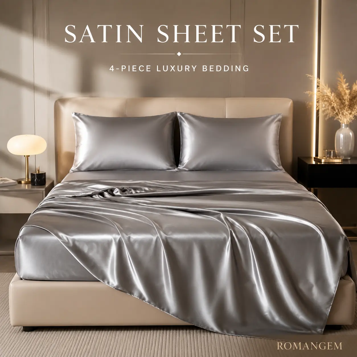 ROMANGEM 4 Piece Satin Sheet Set, Silky Soft Silver Gray Microfiber Bedding, Deep Pocket Fitted Sheet, Flat Sheet & 2 Pillowcases, Luxury Hotel Style Bed Sheets Split King Cooling   bed sheet set Bedsheet Set, Luxurious Beddings