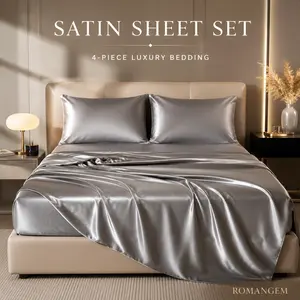 ROMANGEM 4 Piece Satin Sheet Set, Silky Soft Silver Gray Microfiber Bedding, Deep Pocket Fitted Sheet, Flat Sheet & 2 Pillowcases, Luxury Hotel Style Bed Sheets Split King Cooling