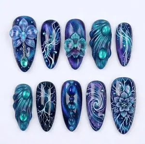 Handcrafted Insprired Press On Nails, Ocean Luxury Nail Set, Nails For Bold Cosmic Bioluminescent Vibes