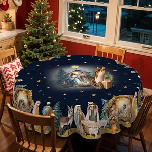 1pc, Christmas-Themed Tablecloth with Jesus' Birth Scene, Biblical Birth Of Jesus Tablecloth, Holiday Party Outdoor Decoration Tablecloth, Kitchen Accessories, Round Table Cloth, Table Cloth Rectangle Table, Gift For Friends