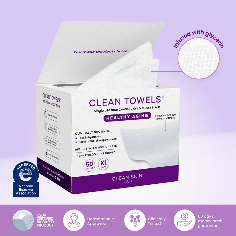 Clean Skin Club Healthy Aging Clean Towels XL 50 Count Glycerin Infused Anti Aging Makeup Remover Dry Wipe Smooths Fine Lines Wrinkles in 6 Weeks Gentle Cleansing