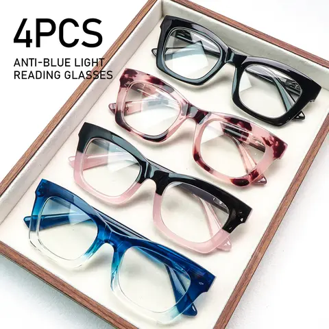 SOVCOD 4-Pack Multi Pack Bluelight Blocking Reading Glasses - Unisex Oprah Style Square Full Rim Chunky Plastic Frame, PC/Resin Lenses, Holiday Parties Daily Wear Eyewear Fashion Gift (2 fl oz)