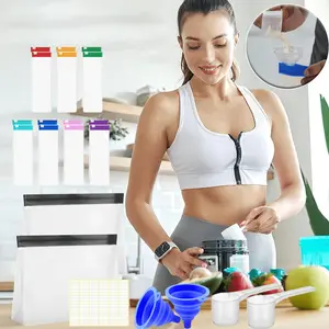 21PCS Protein Powder Travel Container Set Single Dose Reusable Powder Supplement Packets Portable Travel Organizer Zip Up Bags with Funnels, Spoons and Labels