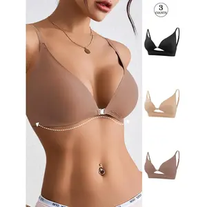 Women's Solid Hook & Eye Front Buckle Bra, Soft Comfortable Breathable Removable Chest Pads Bra, Lingerie Underwear for All Seasons