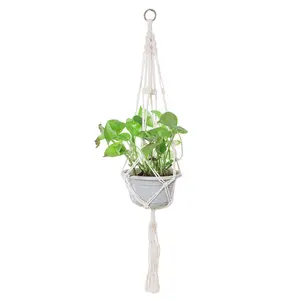 THY COLLECTIBLES Hand-Weaved Macrame Plant Hanger Indoor Outdoor Hanging Planter Basket Cotton Rope 4 Legs Creamy White
